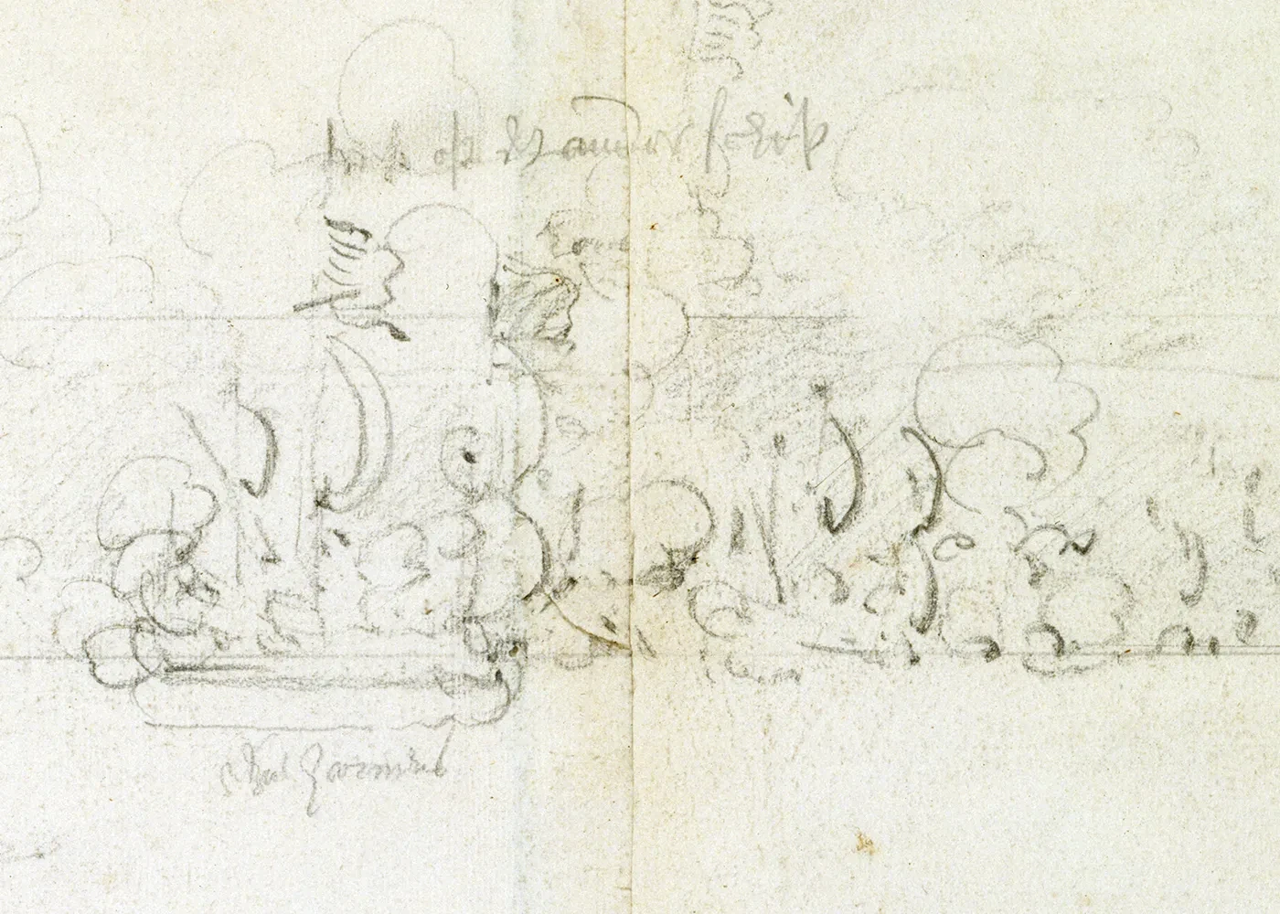 A section of a rough sketch made during a major naval battle. Tall ships are barely visible against the white paper, but the pencil marks suggest the sketch was made quickly while in the middle of the battle itself