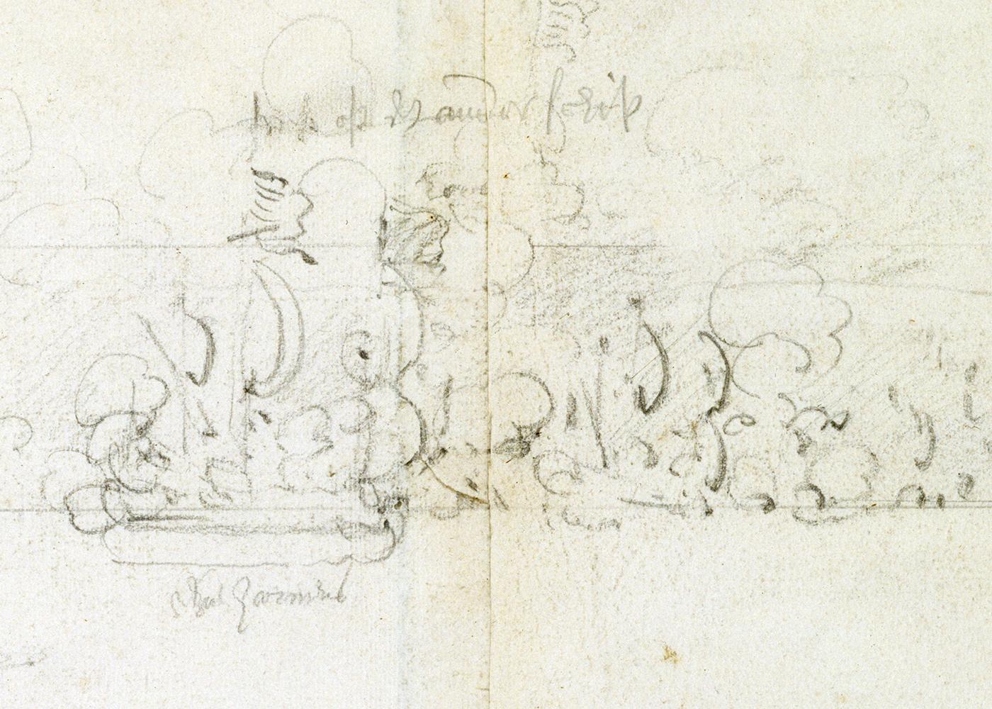 A section of a rough sketch made during a major naval battle. Tall ships are barely visible against the white paper, but the pencil marks suggest the sketch was made quickly while in the middle of the battle itself