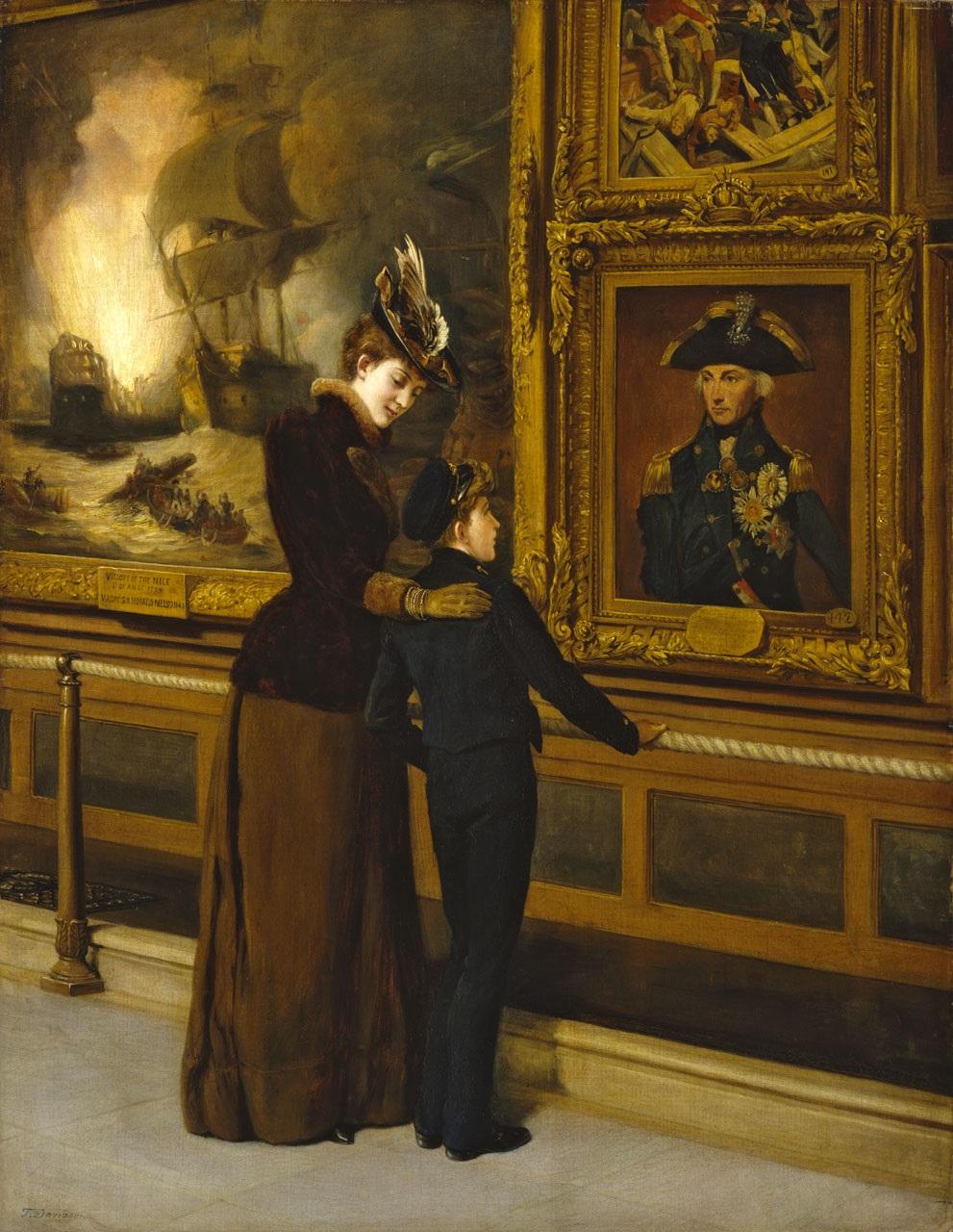 A painting of a naval cadet and his mother looking at a painting of Nelson in 1890