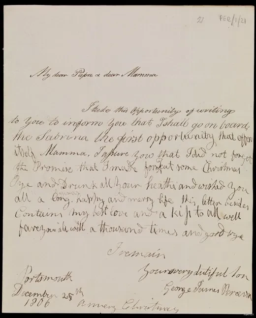 A letter from Admira, Sir George James Perceval, 6th Earl of Egmont in 1806, to his parents