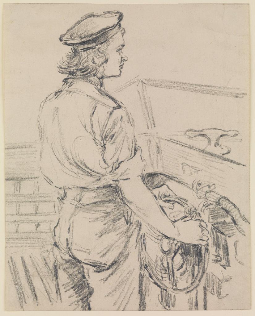 Drawing of a white female (navy) at the steering wheel a ship