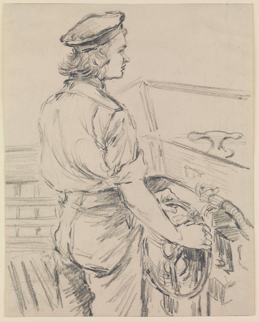 Drawing of a white female (navy) at the steering wheel a ship