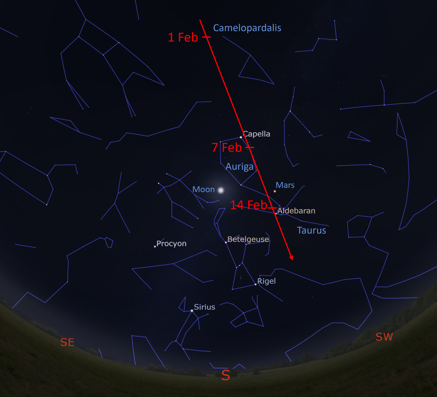 Comet C2022E3ZTF movements in Feb 2023.