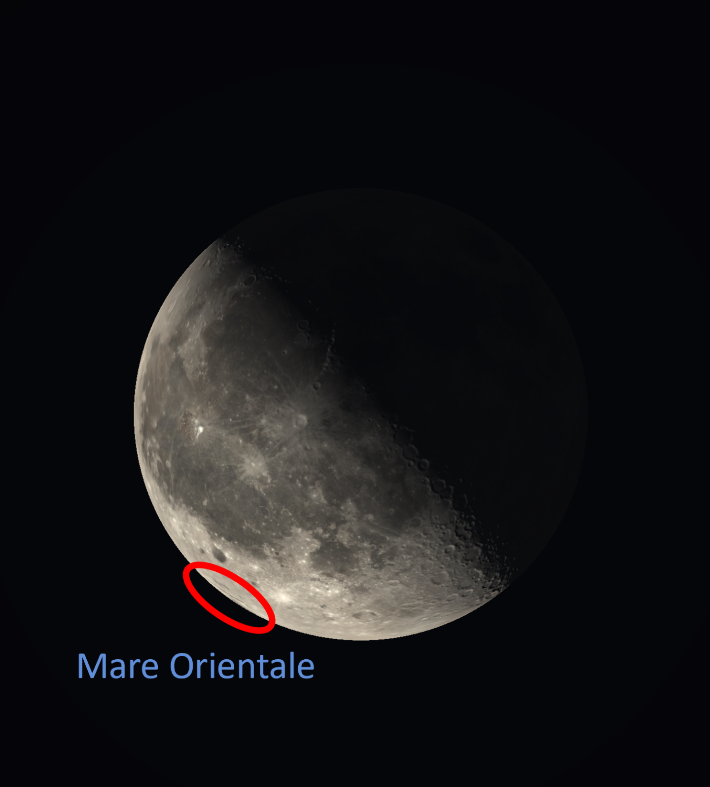 Mare Orientale is circled on the south west limb of the Moon.