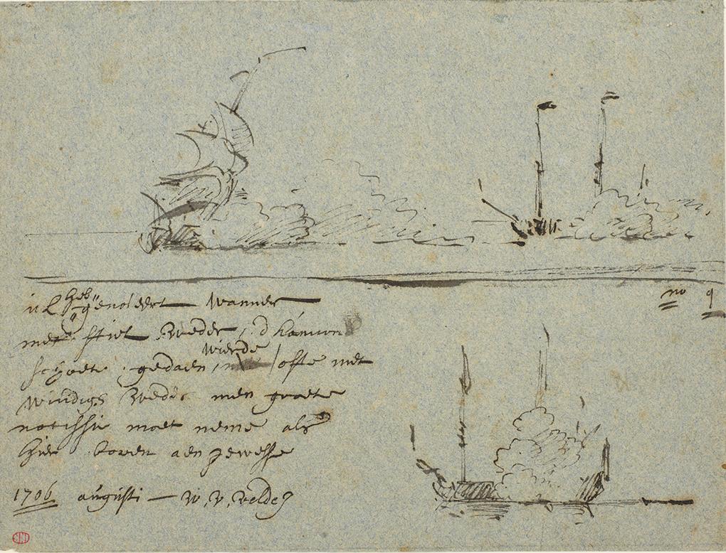 A series of sketches of ships shown firing cannons. There is a handwritten explanation of the sketches on the left hand side written in Dutch. It translates as ‘I have noticed that one must be careful to observe whether a gun is fired in calm or windy weather, as is shown above’.