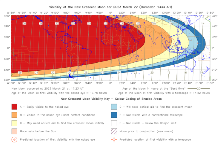 Image showing map of the world with different colours across it showing the visibility of the new crescent Moon