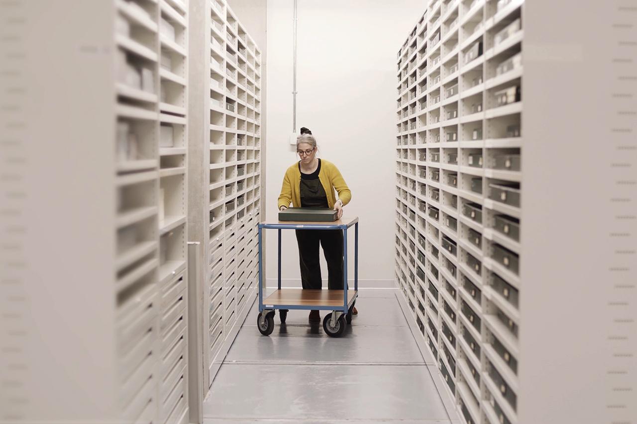 A woman in a yellow top retrieves a box from a row of Museum storage shelves. The green case is one of apparently hundreds lined along the narrow white shelves