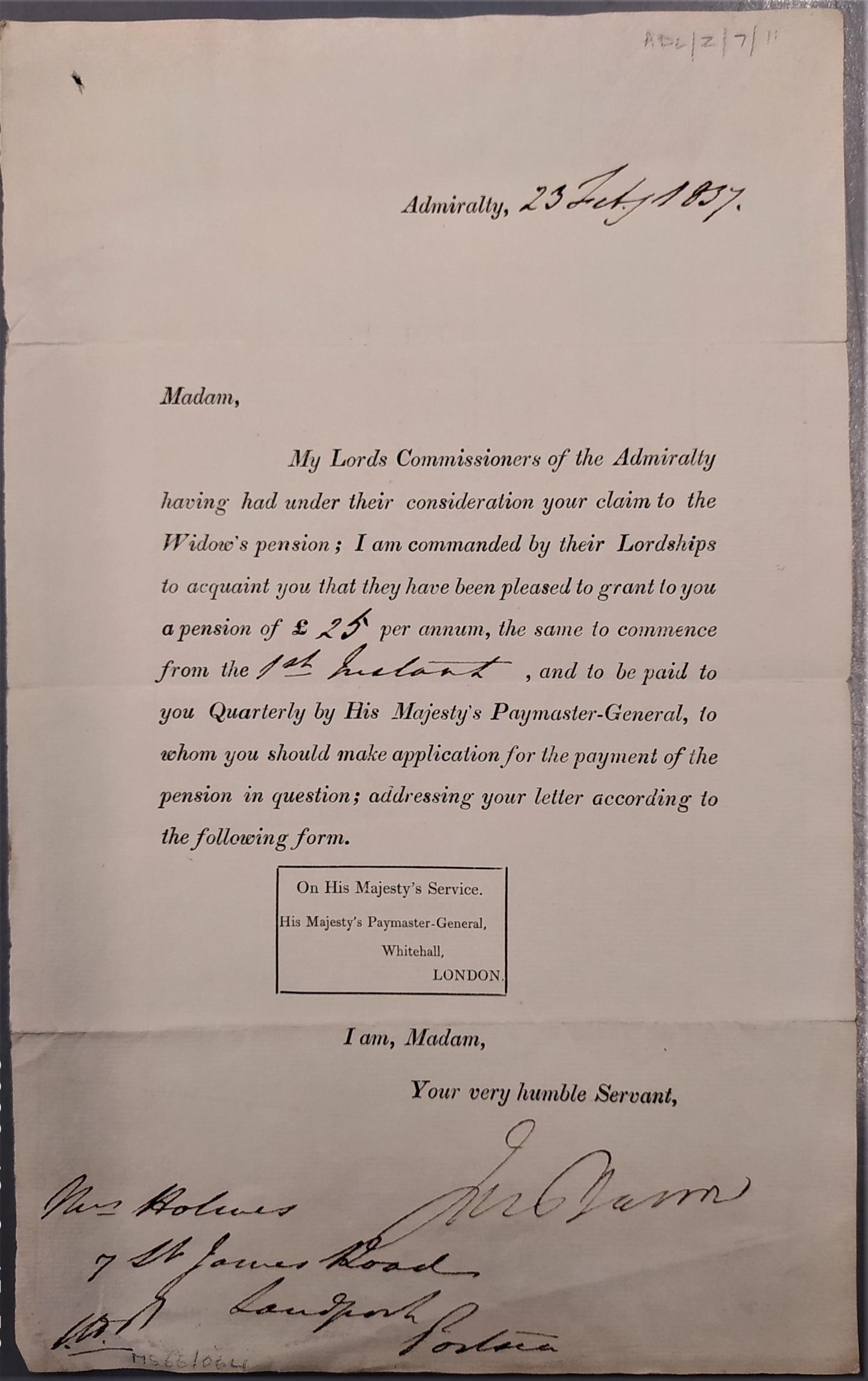 Letter from the Admiralty to Samuel Holmes' widow