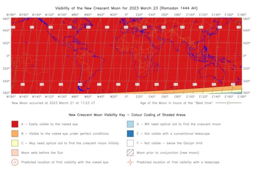 Image of world map with colour coding to show the visibility of Crescent Moon, with 99% of the world able to see it with the naked eye