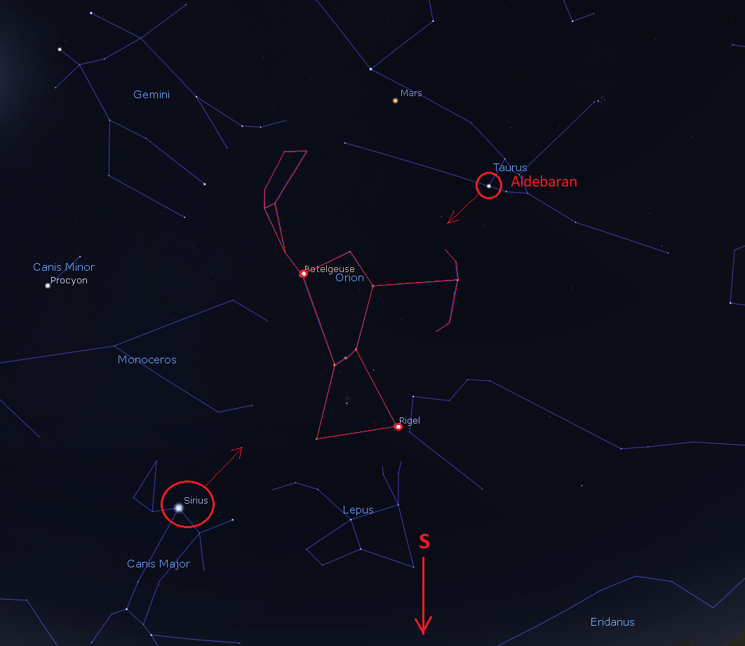 Diagram showing Orion's position in respect to neighboring bright stars Sirius and Aldebaran