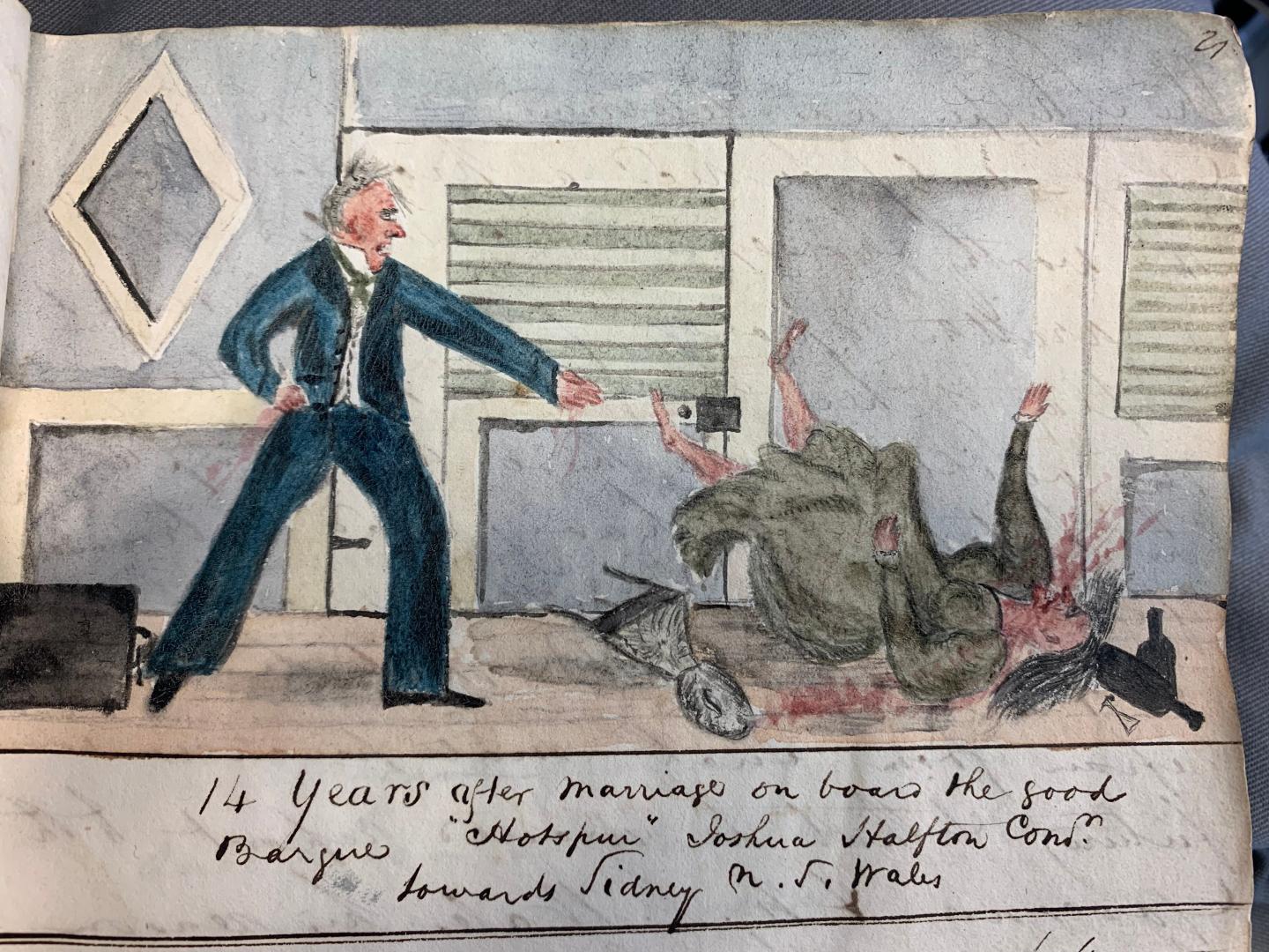 Sketch of woman on her back after being hit by her husband