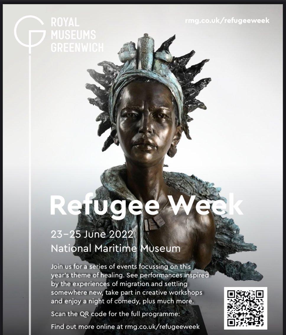 Image of Sea Deity sculpture with Refugee Week 2022 text on top