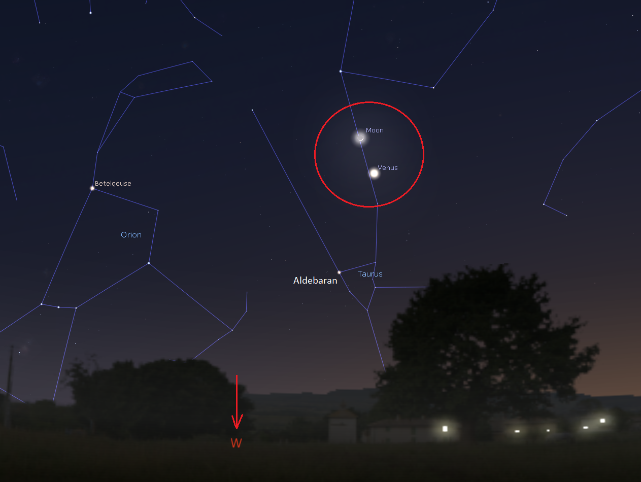 A diagram showing the position of Venus and the Moon in the sky on the night of April 23