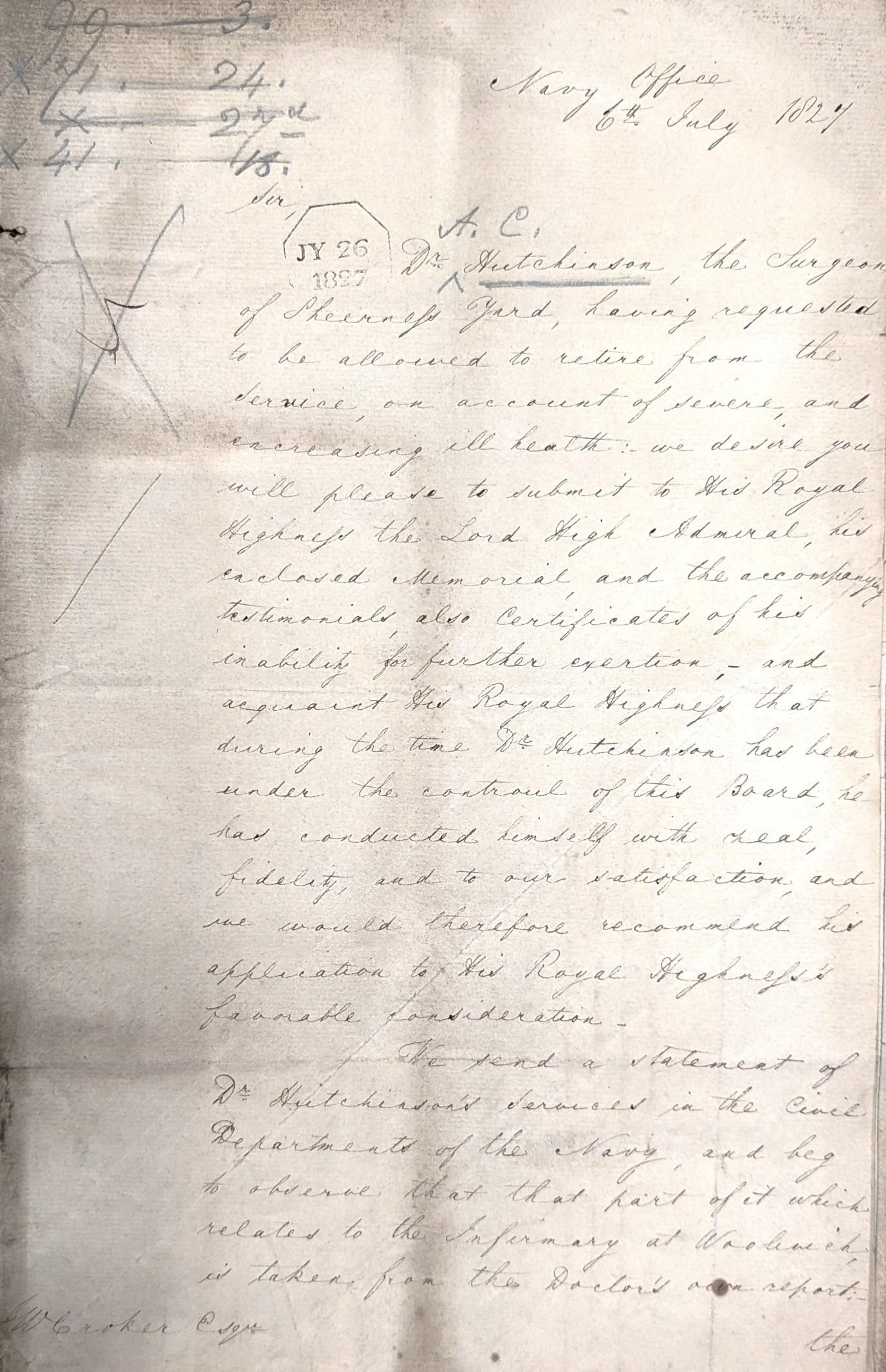 Letter from Dr A C Hutchinson, Surgeon of Sheerness Yard