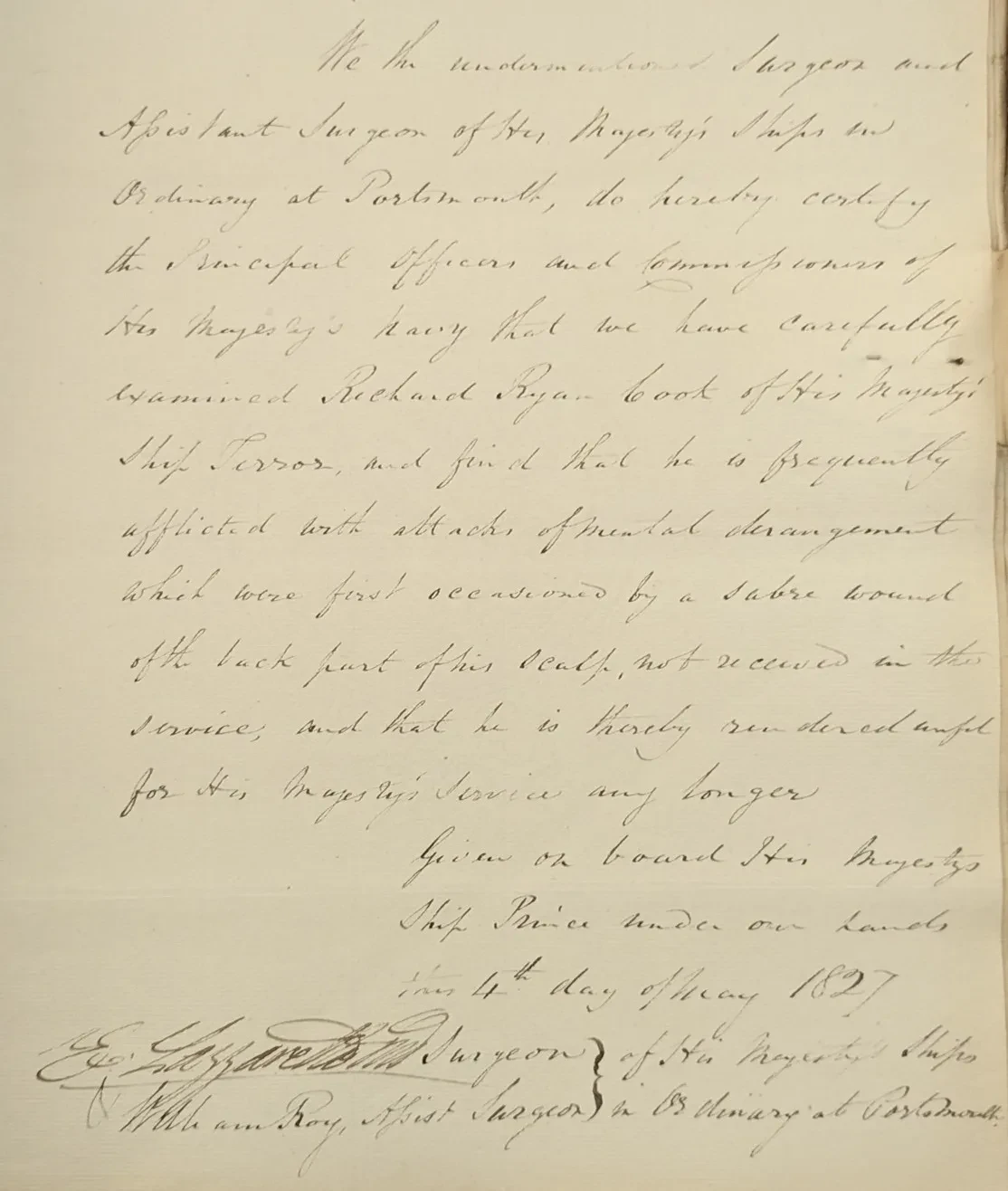 Surgeon report on Richard Ryan, 1827