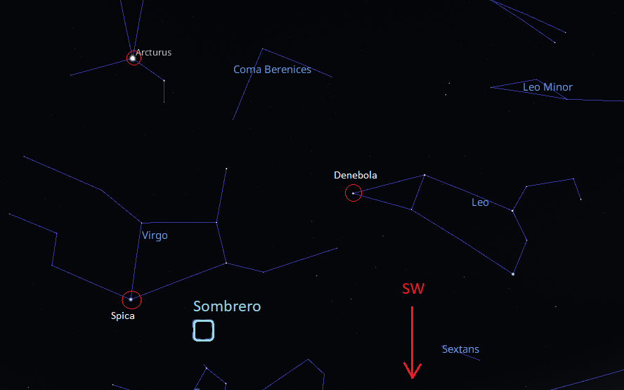 a diagram showing the position of the Sombrero galaxy in the sky