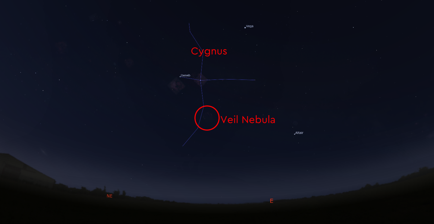 Location of the Veil Nebula in the constellation of Cygnus 