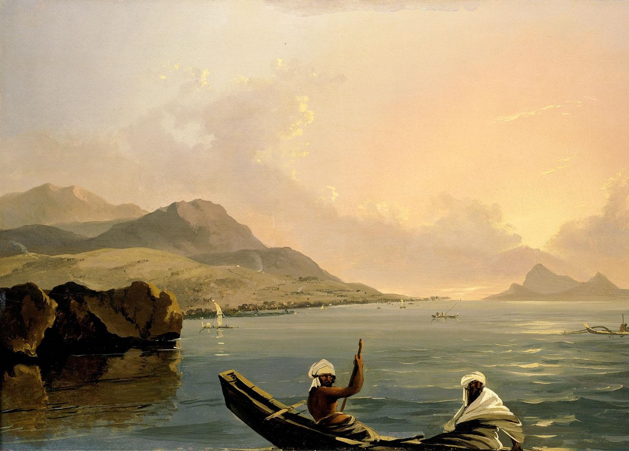 'View of the Province of Oparree [Pare], Island of Otaheite, with part of the Island of Eimeo [Moorea]' by William Hodges