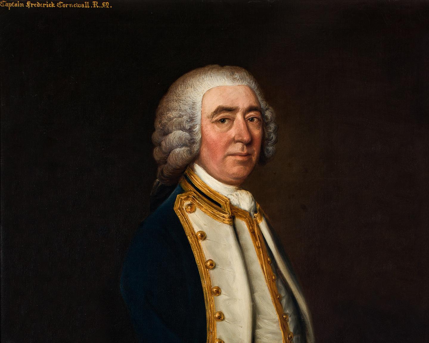 A portrait of a naval officer from the 1700s. He is wearing navy blue jacket with gold detailing and a curly wig. He is positioned slightly side on in the portrait but looking directly at the viewer