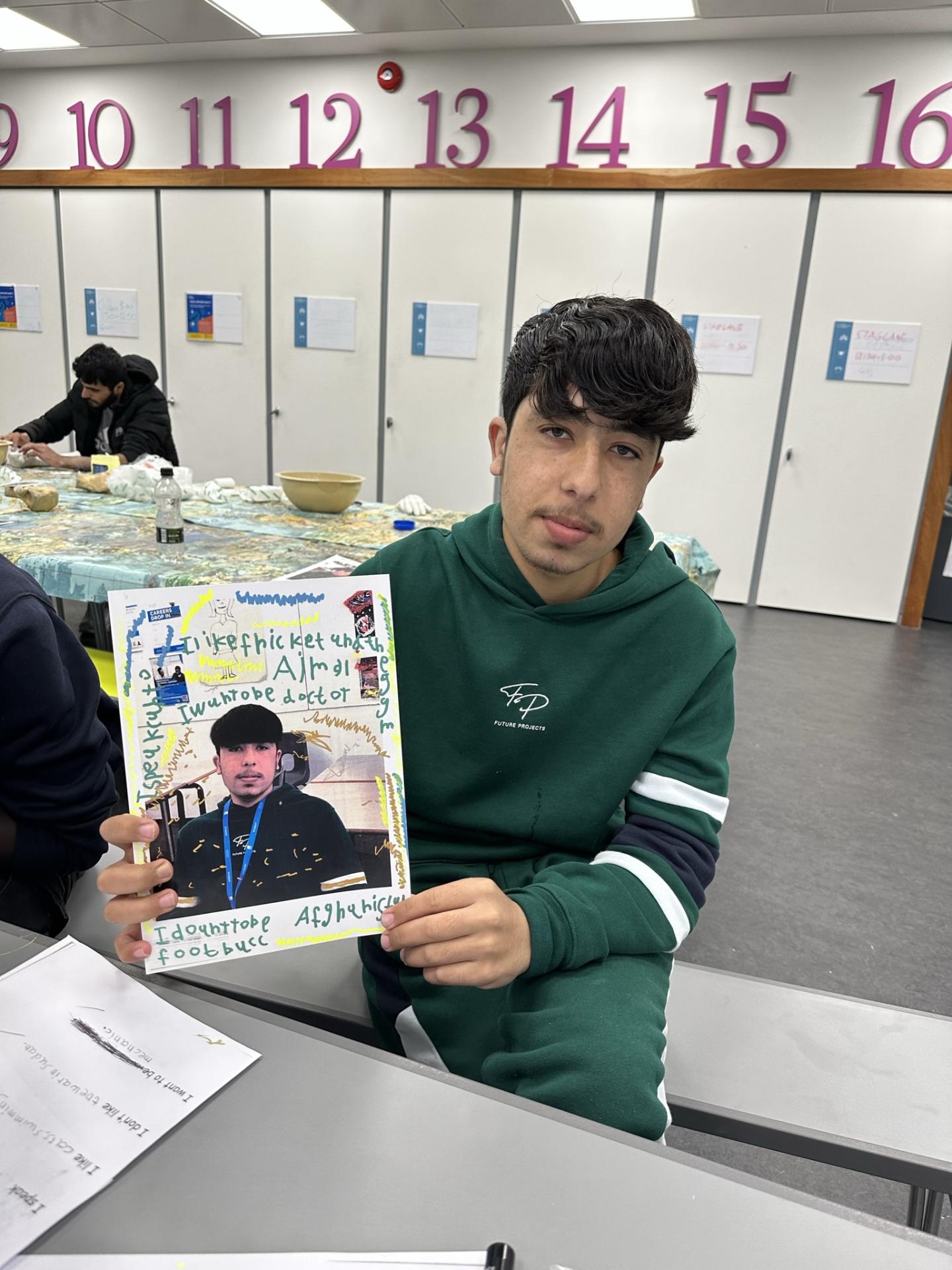 teenage boy holding his polaroid with text about himself