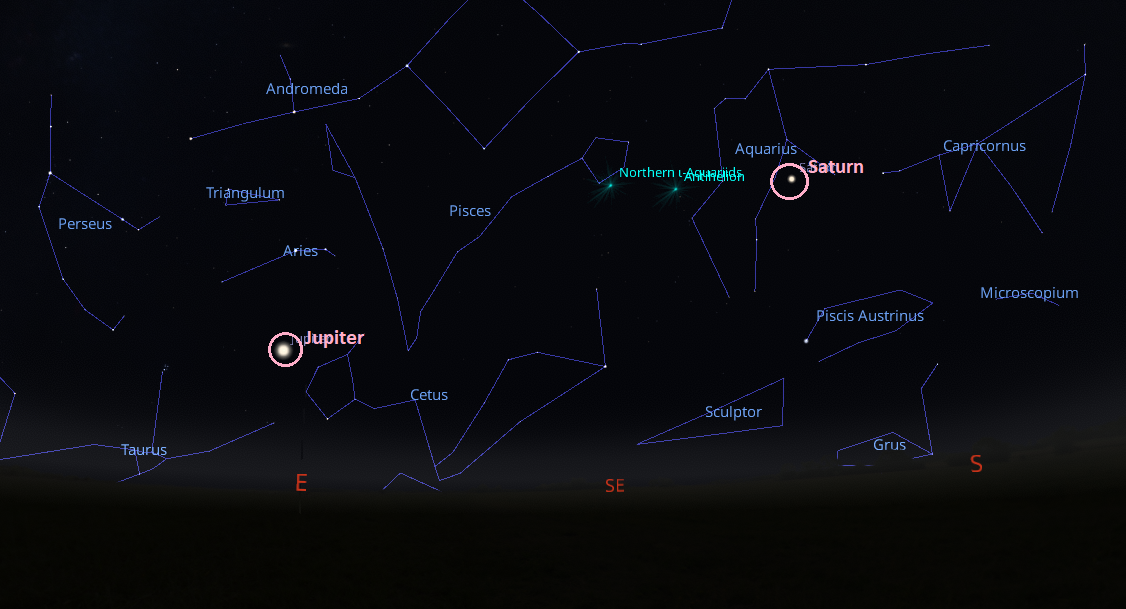 A map of the sky showing the position of Jupiter and Saturn on August 1st  2023