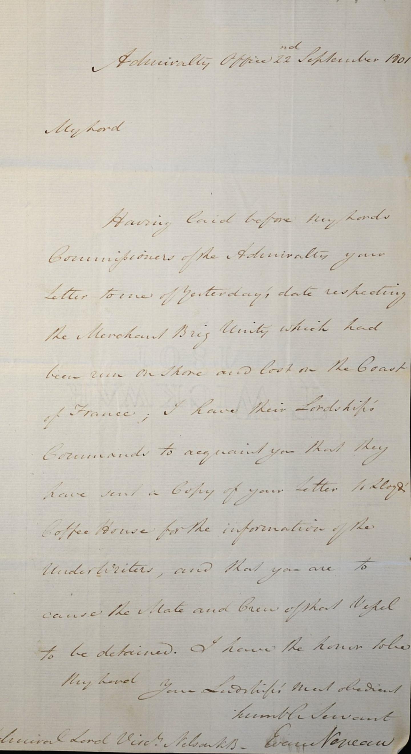 Letter from Nepean to Nelson on the loss of the UNITY