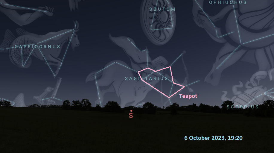 The Teapot asterism is outlined in pink in a sky map