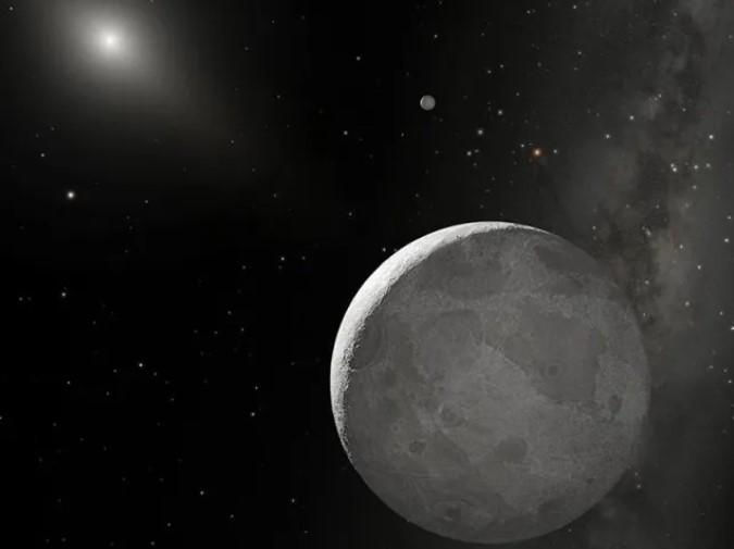 Artist's concept of dwarf planet Eris, which resembles grey ball in space