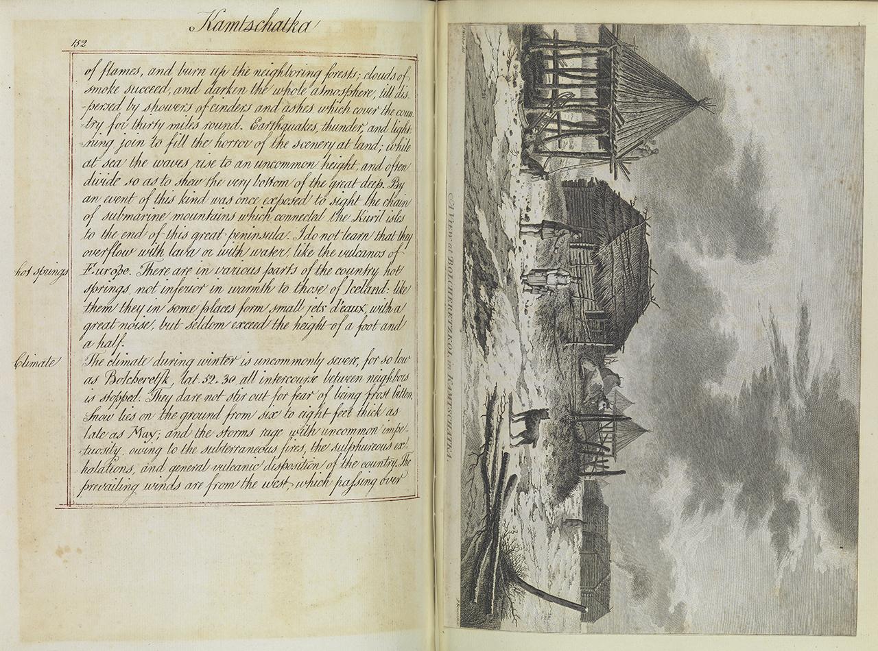 Photograph of a double page spread in a manuscript with text on the left hand page and an image of a small wooden village on the right
