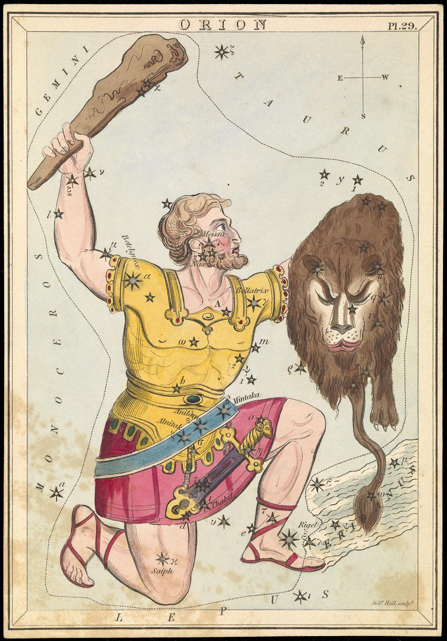 Constellation card showing drawn figure of man crouching holding a club above his head and a bull in his other hand
