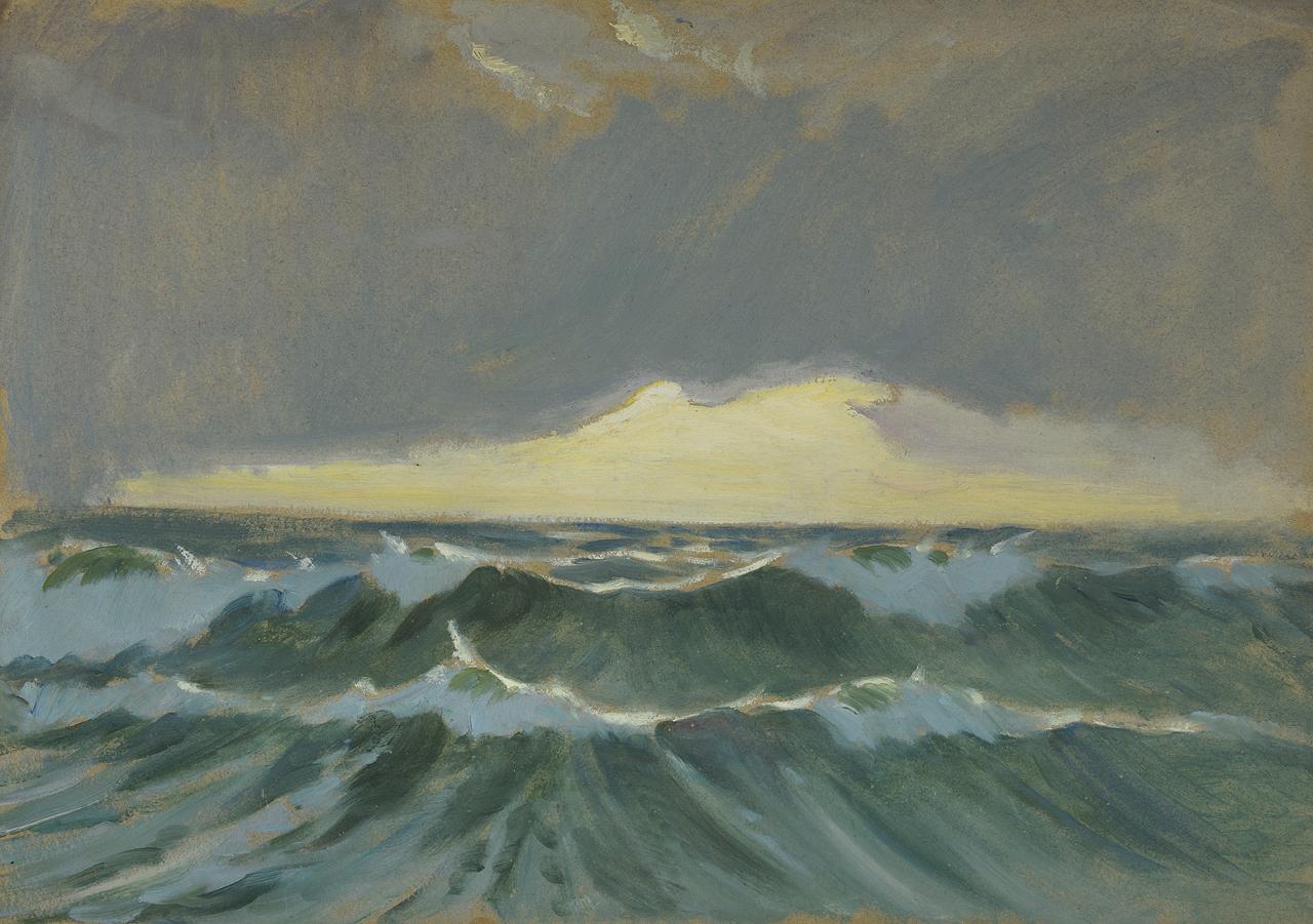painting of two rolling blue/grey waves 