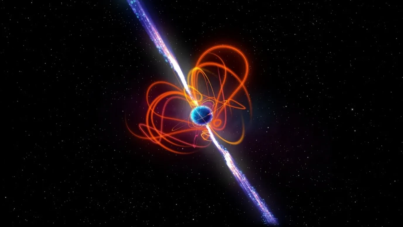 An artist’s illustration of a star on a background field of stars. The star has a representation of a magnetic field around it and a representation of beams of radiation coming out of both poles. 