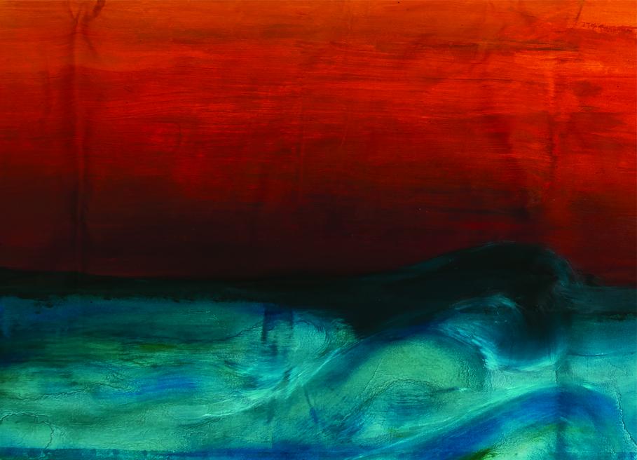 An abstract waterscape with a red sky and green-blue sea made by Young Creatives in August 2023