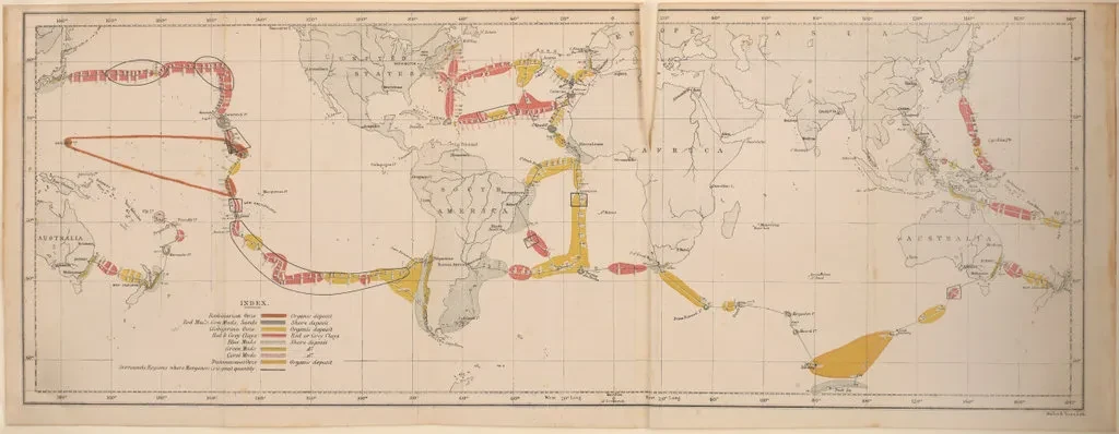 A map of the world, with shading indicating where ocean sediment samples were taken during the voyage of HMS Challenger