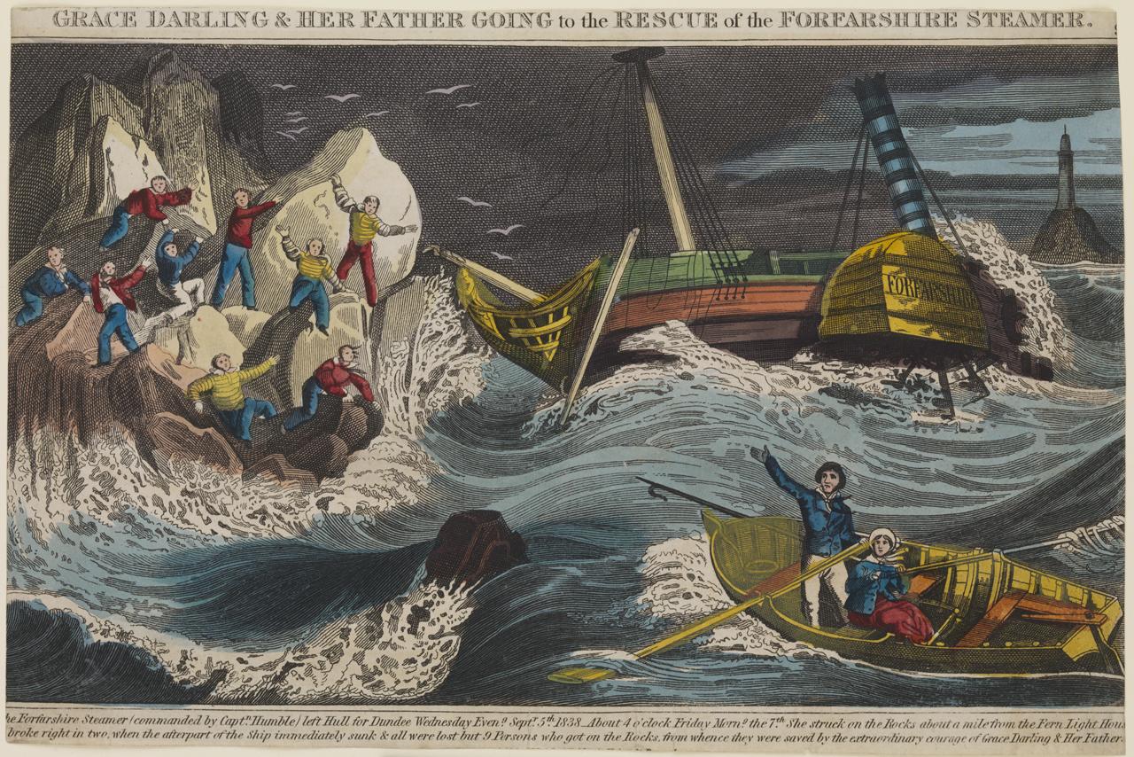 image of crashing waves, nine people standing on big rocks and two people on a row boat going towards the rocks 