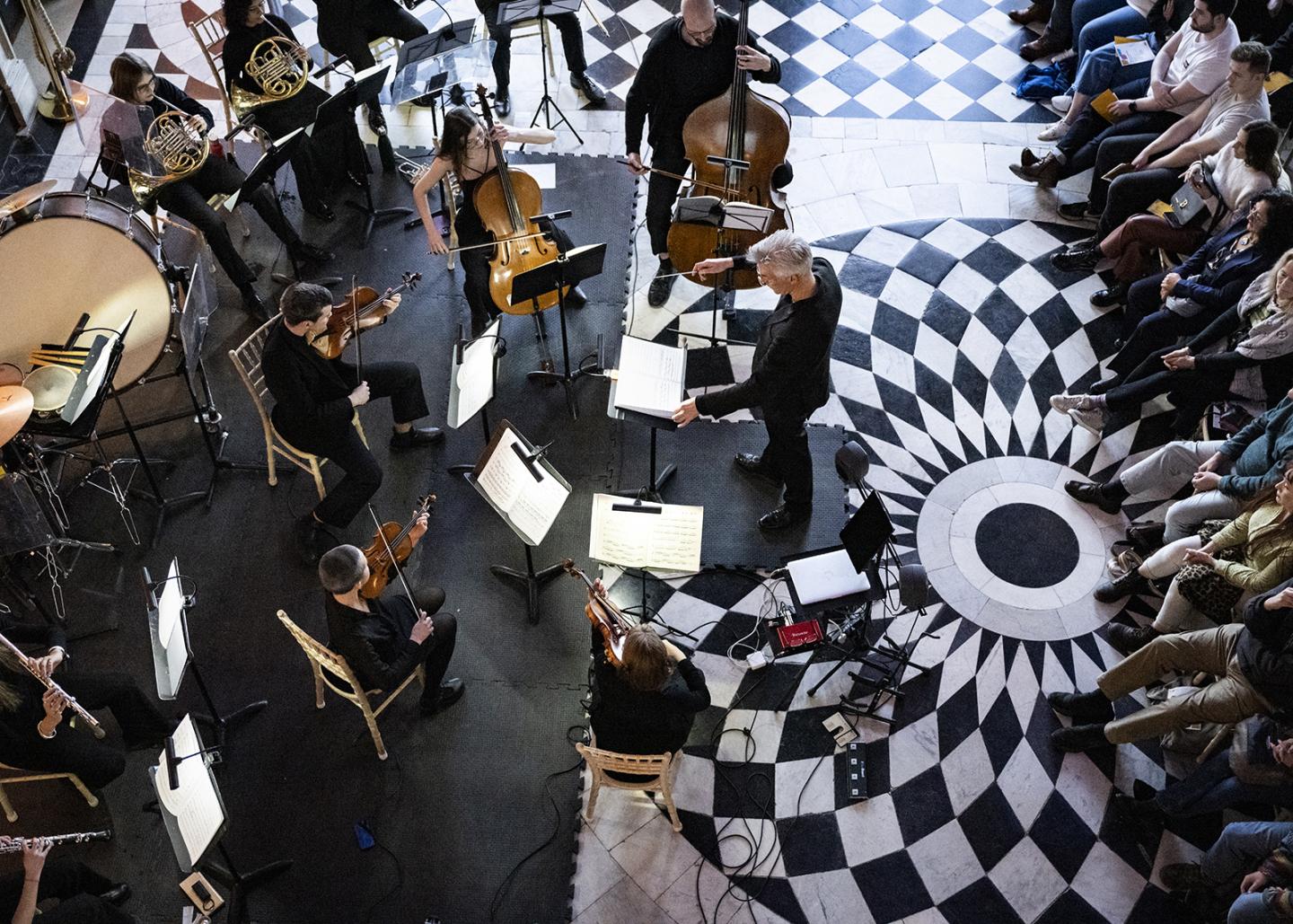 Overhead view of a musical performance at the Queen's House