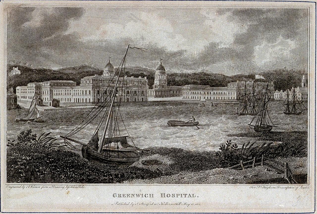 A print of the Thames with boats on it looking over at the Seaman's Hospital next to the river, with hills and the Royal Observatory in the background