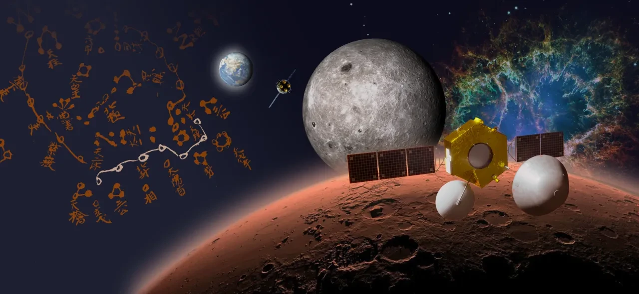 Showing images of Mars, the Earth, the Moon, the crab nebula, a chinese constellation and a spacecraft
