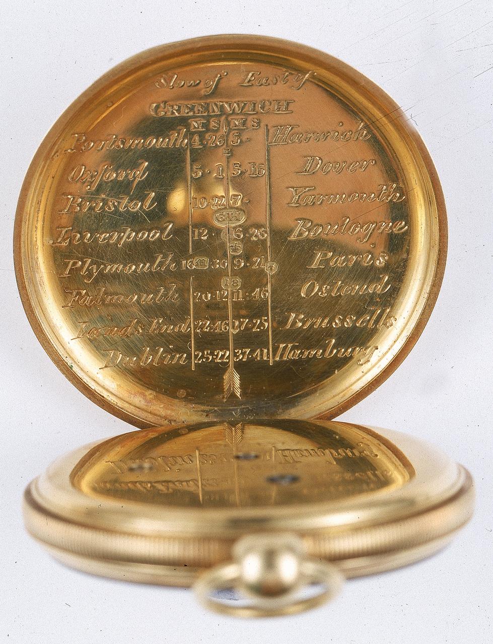 Image of inside of a gold watch, it has locations and time differences engraved on it