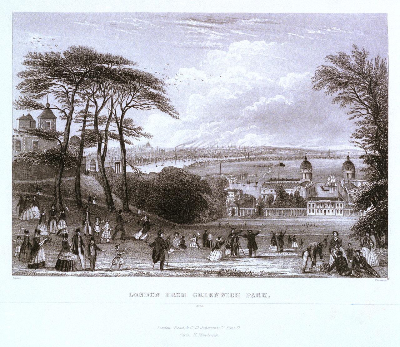 Drawing of the London from Greenwich Park, with the Royal Observatory facing away on the left hand side, and the park sloping down to the Queen's House. Beyond are green fields. Many people are walking around or lounging in the park