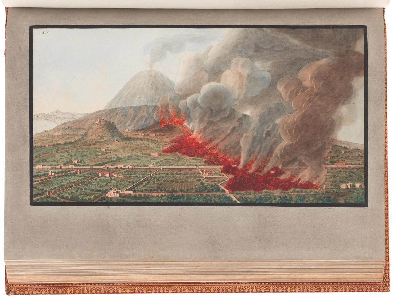Plate XII from Campi Phlegraei showing a view of an eruption of Mount Vesuvius. Lava can be seen flowing down the mountain into the fields and houses below.