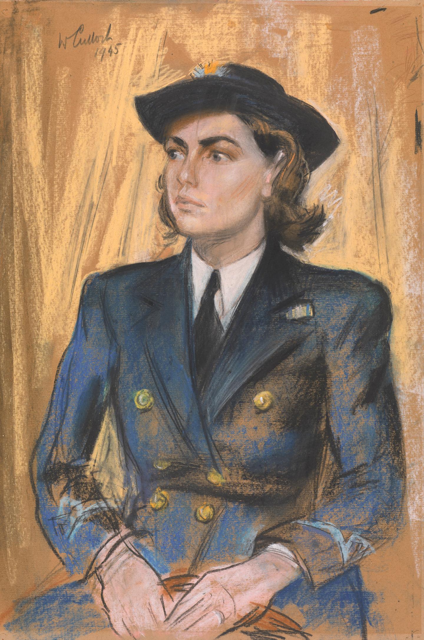 A pastel portrait of a female naval officer looking to the side and wearing a blue uniform and a hat