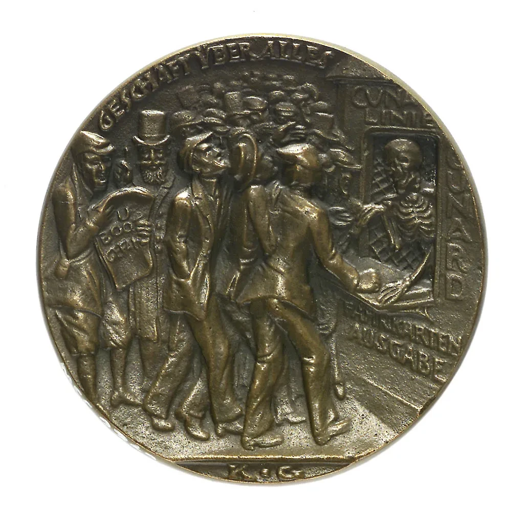Metal medal with many figures in uniform on it, buying tickets from a skeleton