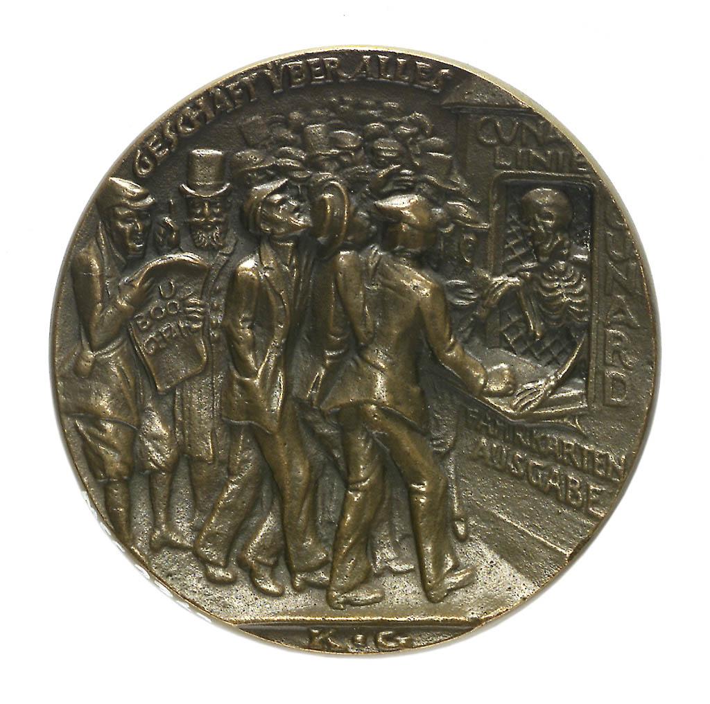 Metal medal with many figures in uniform on it, buying tickets from a skeleton