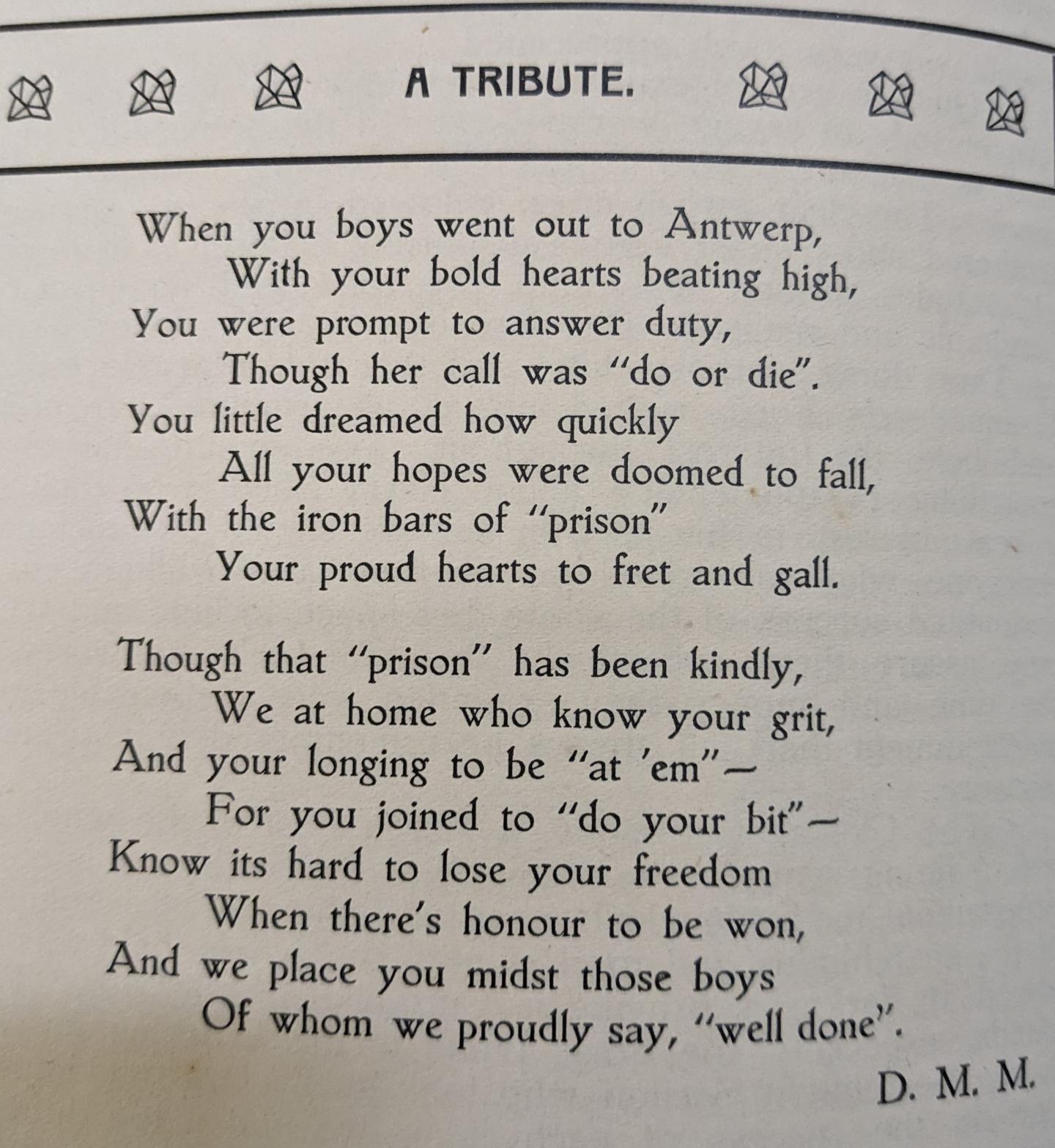A poem entitled 'A Tribute' by D.M.M., which appeared in the April 1916 edition of The Camp Magazine