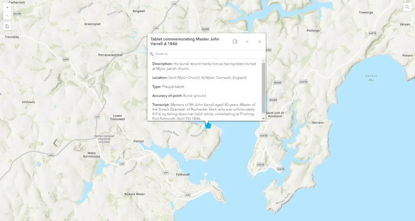 Screenshot of a record from an interactive map recording Maritime Memorials, referencing a plaque dedicated to a Master John Varrall, d. 1846