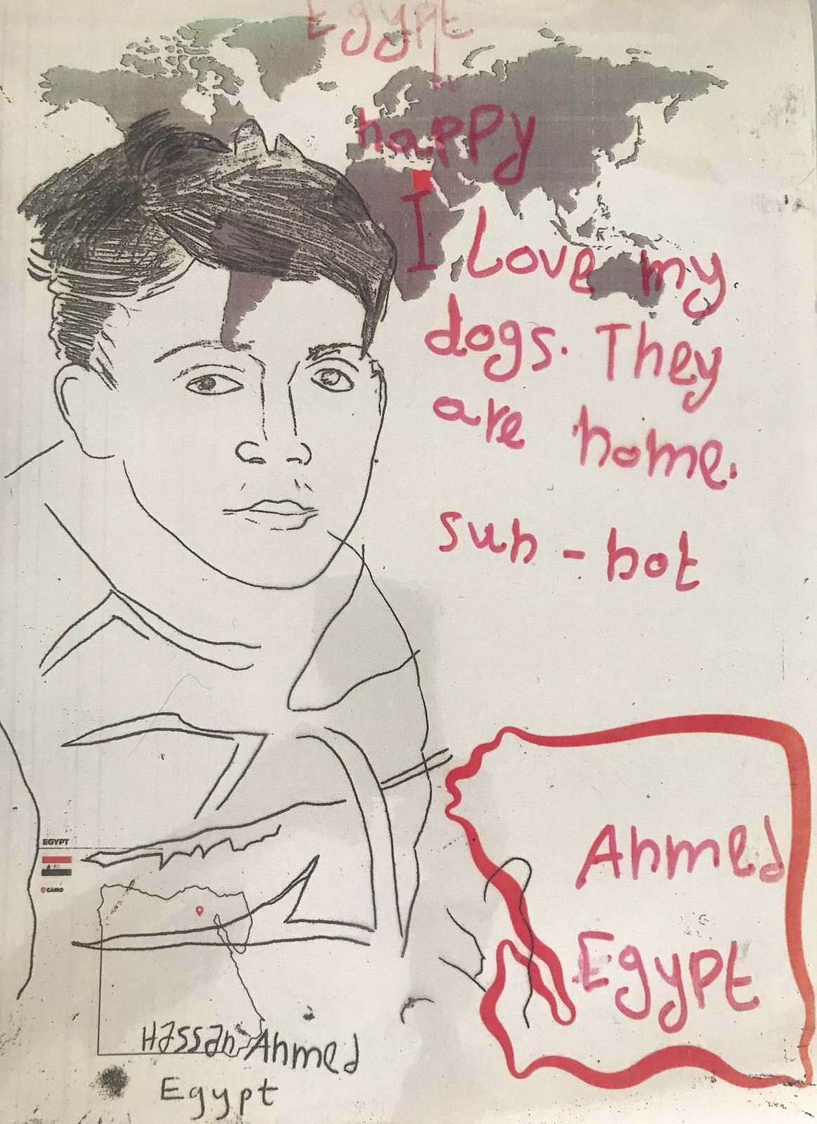 A black and white drawing of a person with red speech bubbles