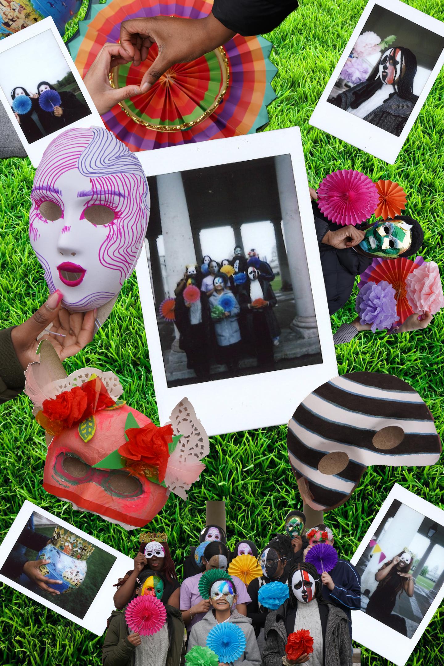A collage of photographs of young people wearing colourful masks and of close ups of the masks. The background is a vibrant image of grass.