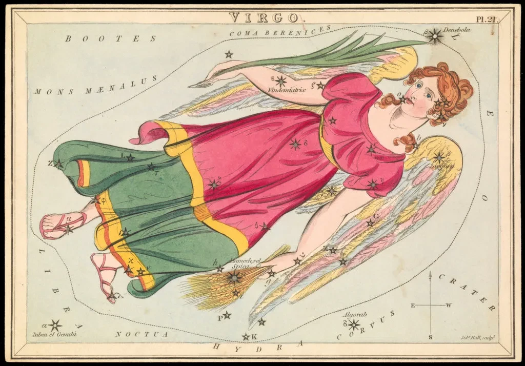 Hand coloured constellation card featuring Virgo artwork.