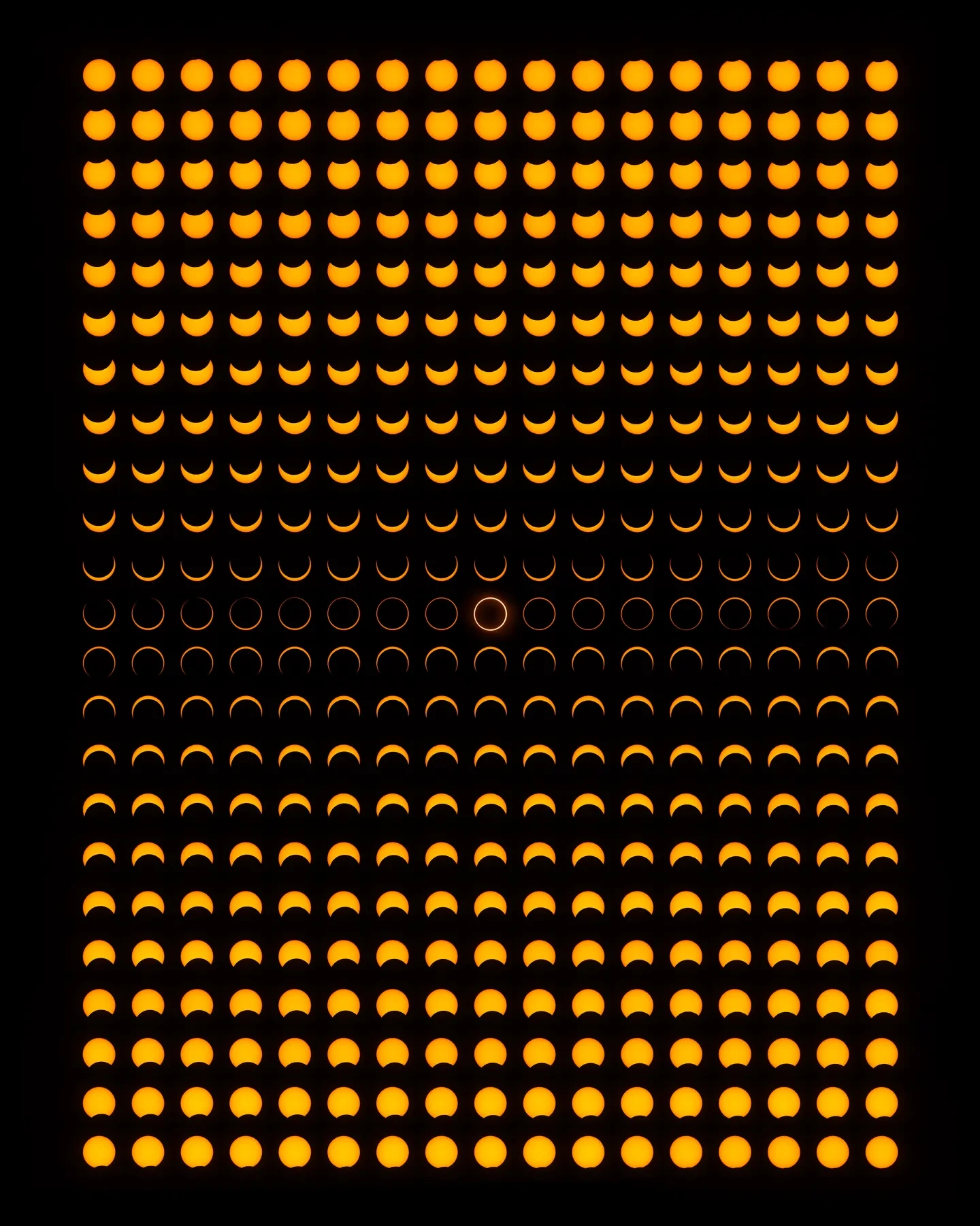 Rectangular portrait image showing over 200 small images of the Sun lined up in rows, each one showing the progress of an annular solar eclipse with the black disk of the moon passing in front of the yellow disk of the sun. In the middle the black circle fits perfectly within the yellow circle, with a 'ring' of yellow around the edges.
